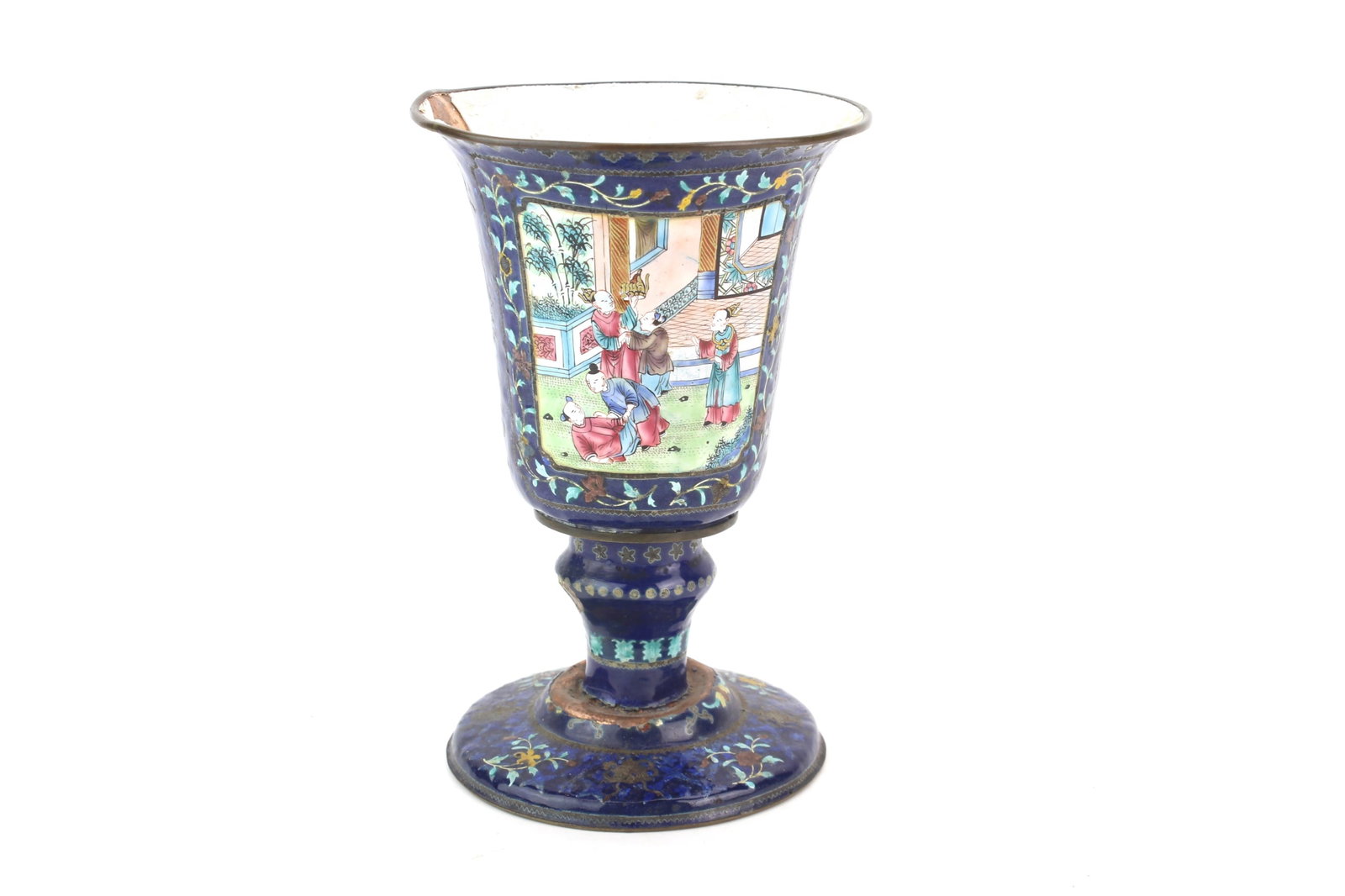 Chinese Enamel Brass High Foot Cup: Chinese brass high foot cup decorated with colorful enamel figural panels and floral motifs on a cobalt blue ground. Measures 6 in. (H) X 4 in. (D). Noticeable enamel losses and chips to rim and