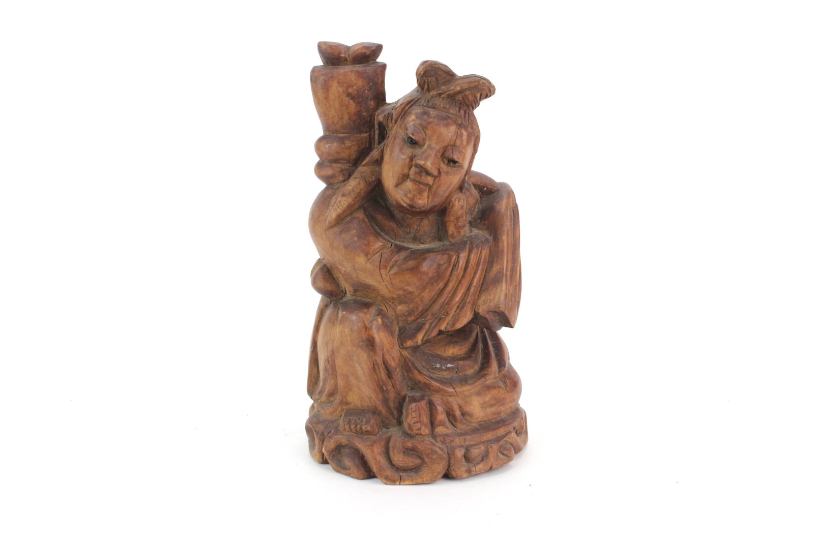 Chinese Carved Wood Figure Statue: Chinese carved wood figure seated in flowing robes holding a vessel. Measures 6 in. (H) X 3 in. (L) X 3 in. (W). Age-related wear, natural wood cracks, surface scratches, and minor chips/losses