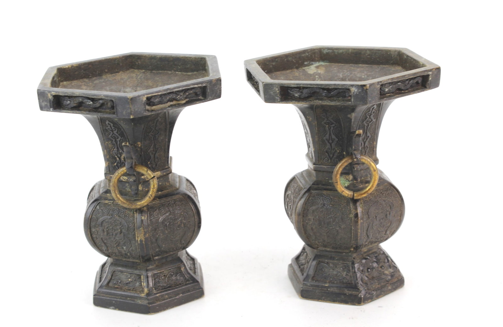 Pair Chinese Hexagonal Bronze Vases - 2