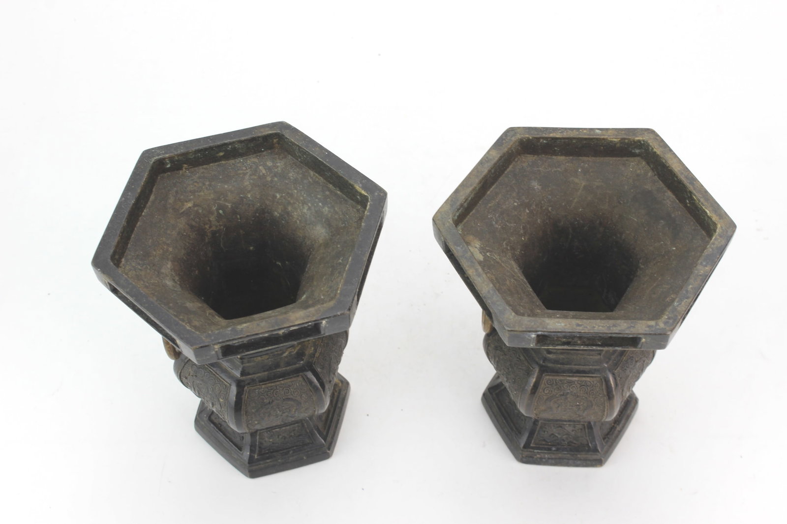 Pair Chinese Hexagonal Bronze Vases - 3