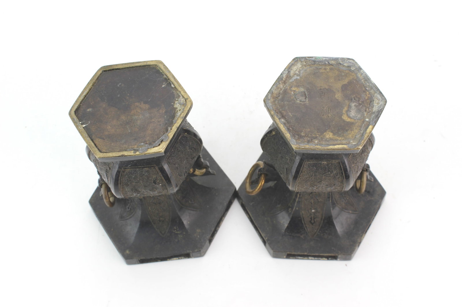 Pair Chinese Hexagonal Bronze Vases - 5