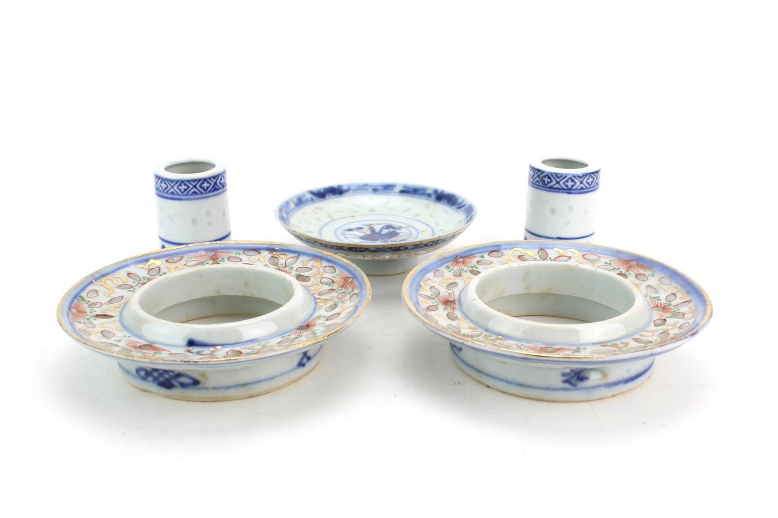 Chinese Rice Grain Porcelain Articles: Group of 5 Chinese rice grain pattern porcelain items including 2 tea cup holders measured 4 1/4 in. (D) X 1 in. (H) each; 1 tea cup cover measured 3 1/2 in. (D);, and 2 toothpick holders in 1 3/4