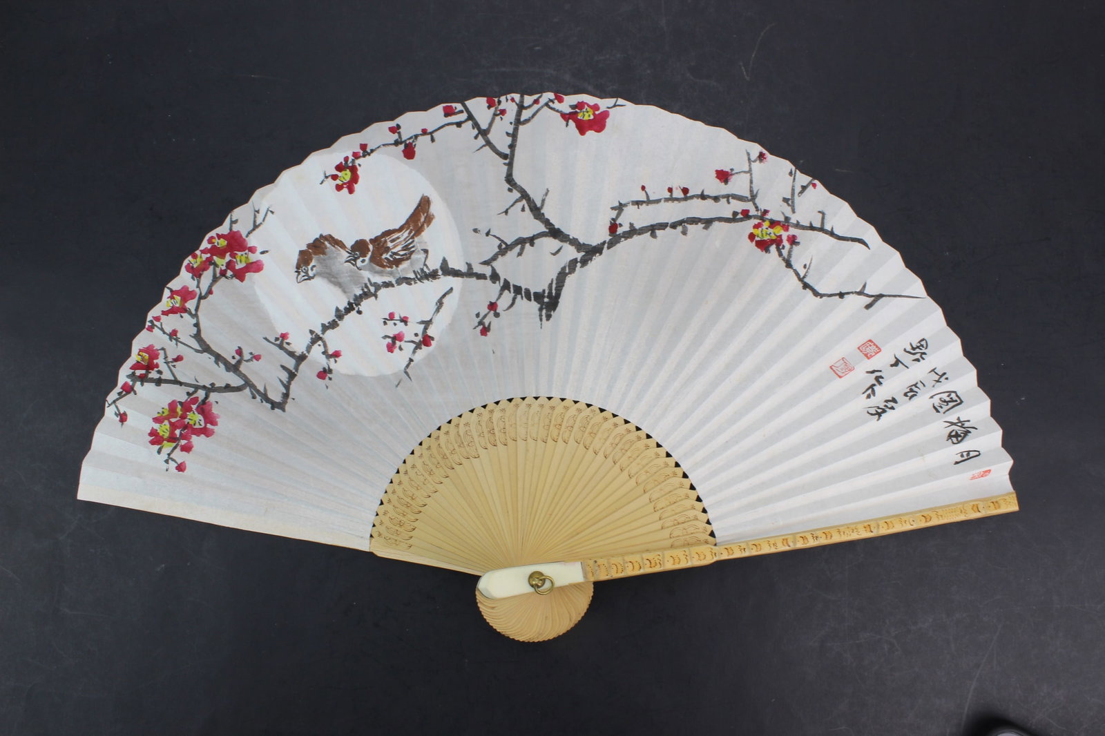 Korean Watercolor Fan by Gwak Kwonok: Korean watercolor folding fan by artist Gwak Kwonok(1935?2003), whose pen name was Yajeong, featuring birds and blossoming branches with calligraphy and seals. Includes fitted wooden storage box and