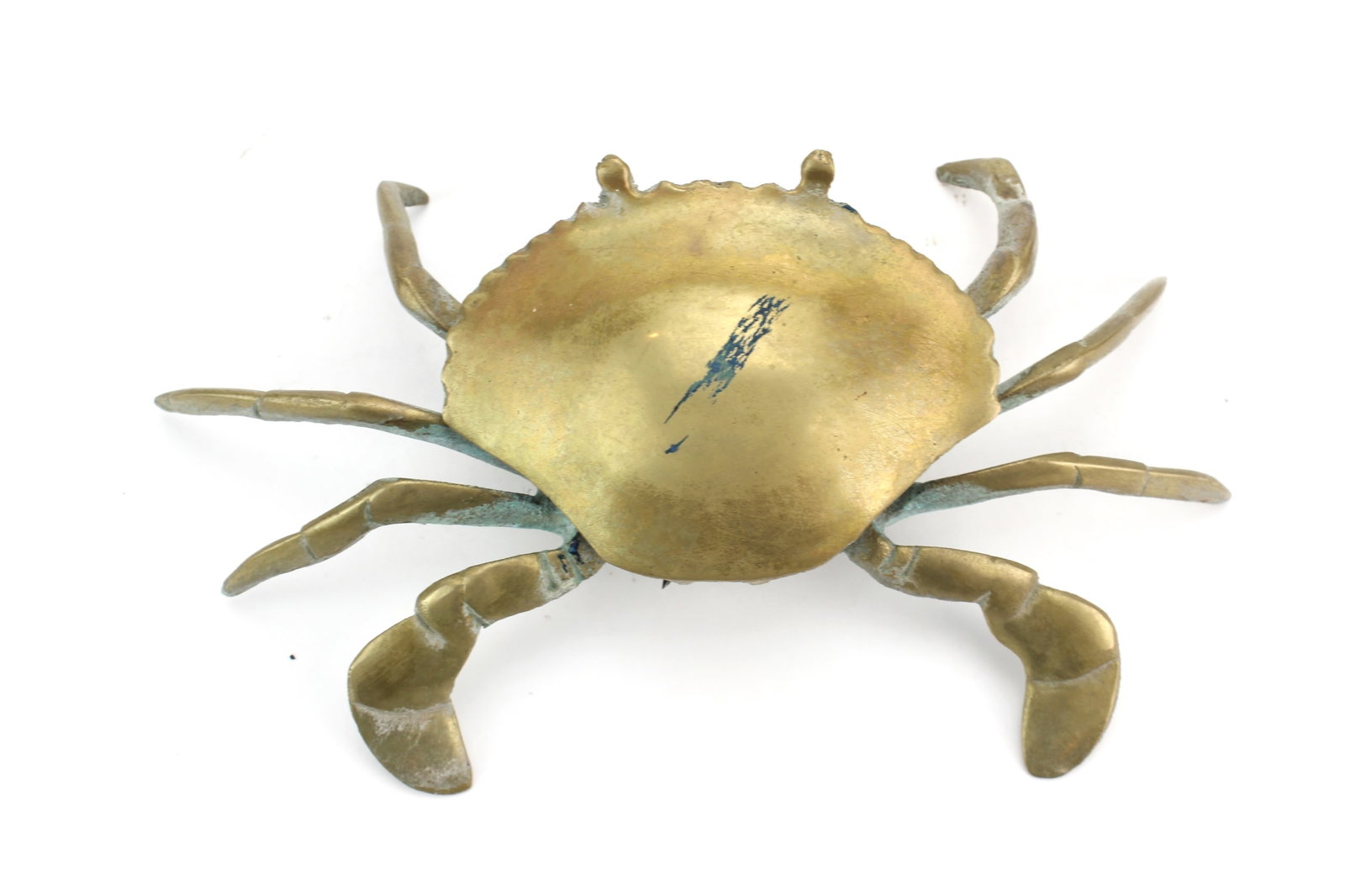 Vintage Bronze Crab Trinket Box: Bronze crab-form decorative trinket box with hinged shell lid and removable interior insert. Measures 7 1/2 in. (L) X 4 in. (W) X 2 in. (H). Shows oxidation, verdigris, surface wear, scratches, and pa