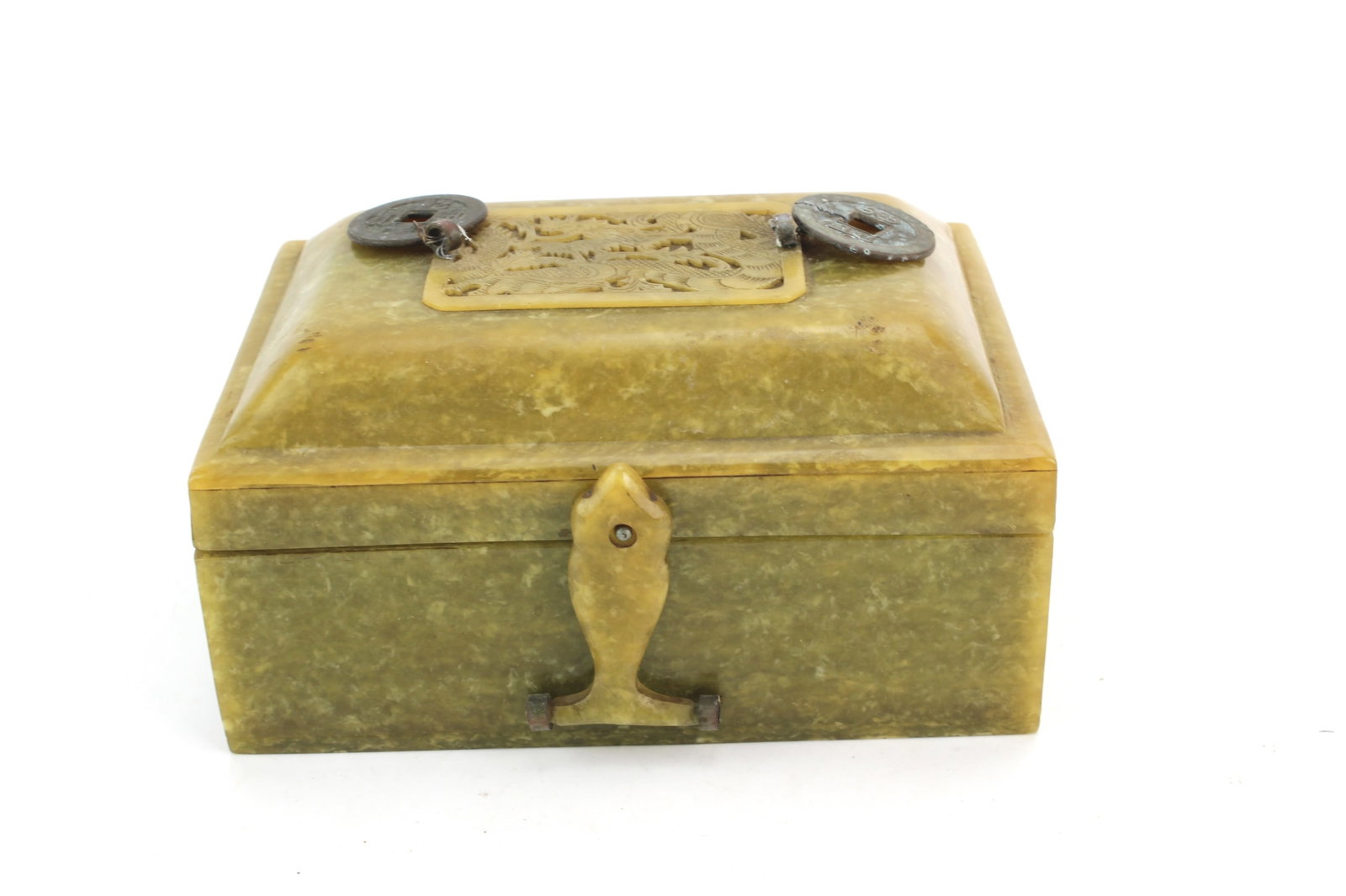 Chinese Green Resin Jewelry Box: Chinese green marbled resin jewelry box with carved dragon motif panel and coin-form decorations on lid. Measures 4 3/4 in. (L) X 3 1/2 in. (W) X 2 1/2 in. (H). Shows surface wear, scratches,