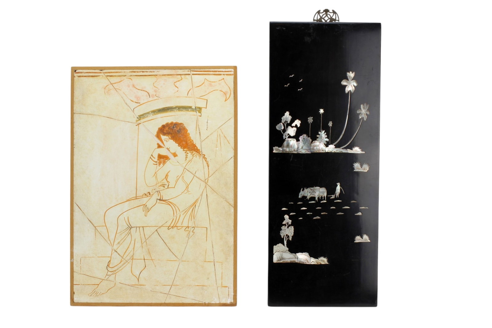 Fresco & Lacquer Wall Art Panels: Lot includes a handmade museum-style reproduction fresco painting depicting Aphrodite contemplating, measuring approx. 11 1/2 X 16 1/2 in., and an Asian black lacquer wall panel with intricate