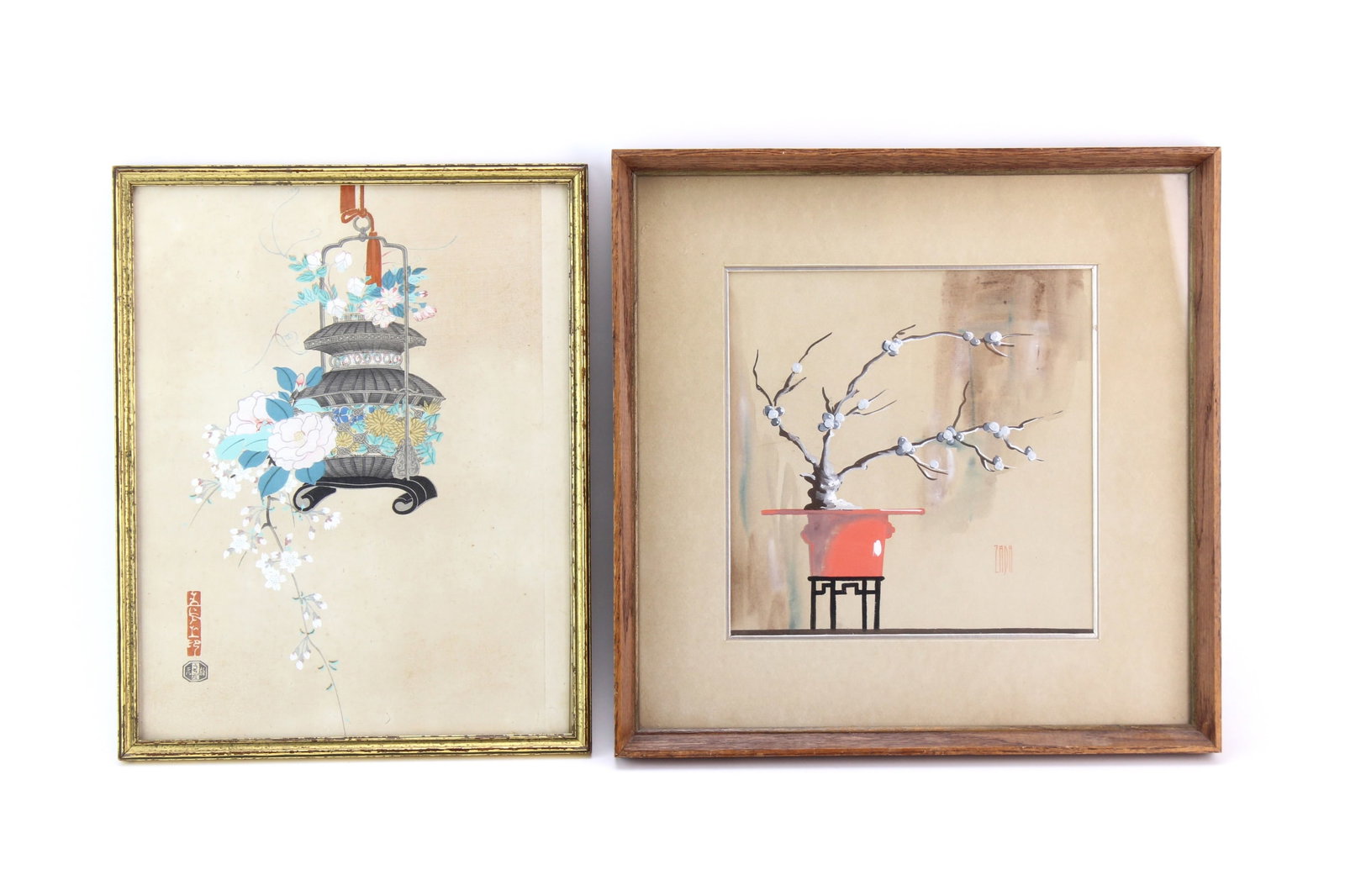 Framed Japanese Woodblock Print & Floral Painting: Lot includes a 20th-century Japanese woodblock print by Kin-u Takeshita featuring a hanging flower basket, approx. 11 1/2 x 14 1/2 in., and a framed watercolor painting depicting a minimalist floral a