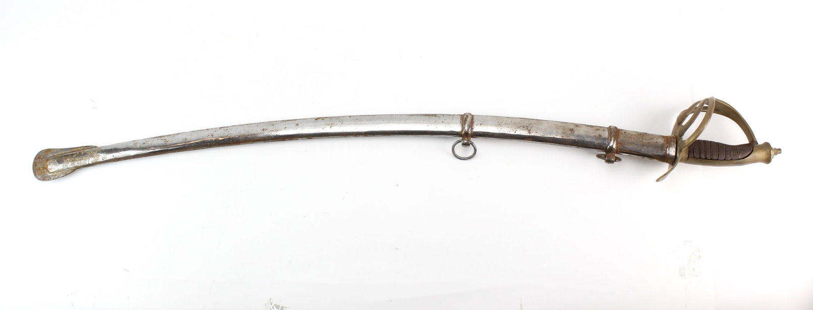 Civil War Style Cavalry Saber w/ Scabbard: Antique U.S. Civil War-era style cavalry saber, with metal scabbard. Measures approx. 42 1/2 in. (L). Brass hilt with wire-wrapped grip. Blade shows oxidation, surface scratches, scattered pitting, an