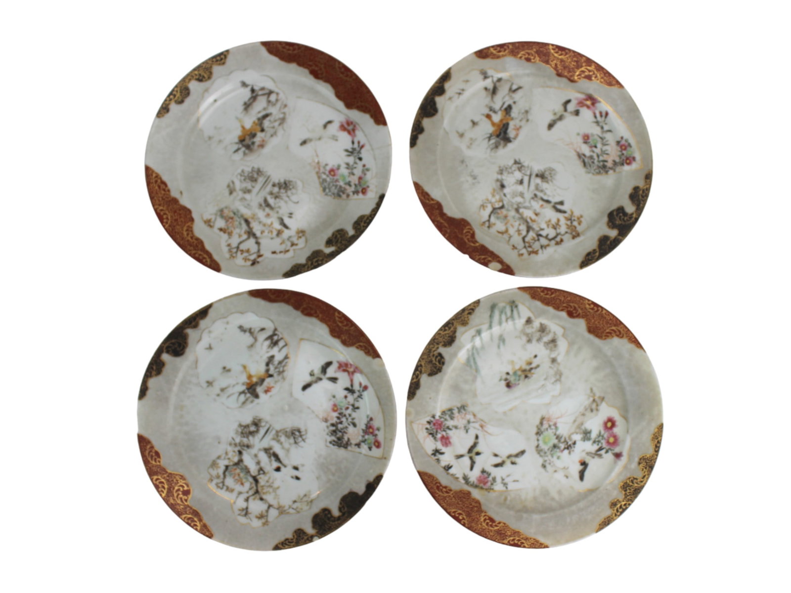 Set of 4 Asian Hand Painted Dishes: Set of Four Hand-Painted Asian Porcelain Dishes ? Each approx. 8 1/2 in. in diameter, decorated with fan and bird motifs within gilt and enamel borders. Shows rim chips, glaze flaws, and surface