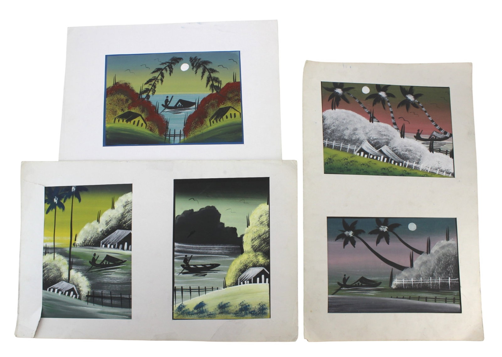 Set of Five Village Scene Silk Paintings: Set of five hand-painted silk village scenes with huts, trees, and boats under moonlit skies. Vibrant colors with minor creases, stains, and edge wear. Largest matting approx. 22 in. (H) by 14 in.