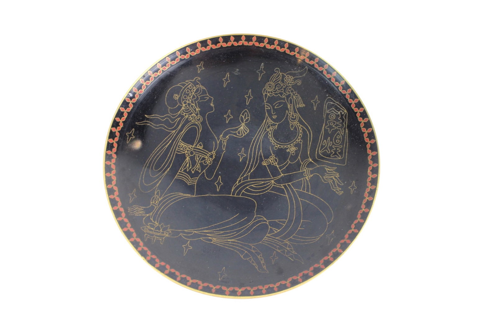Cloisonne Plate with Gilded Figures: Chinese Cloisonne plate with gilt figures on black ground, red border, and turquoise floral reverse. Shows surface wear and minor enamel losses. Size: 7 in. (D).