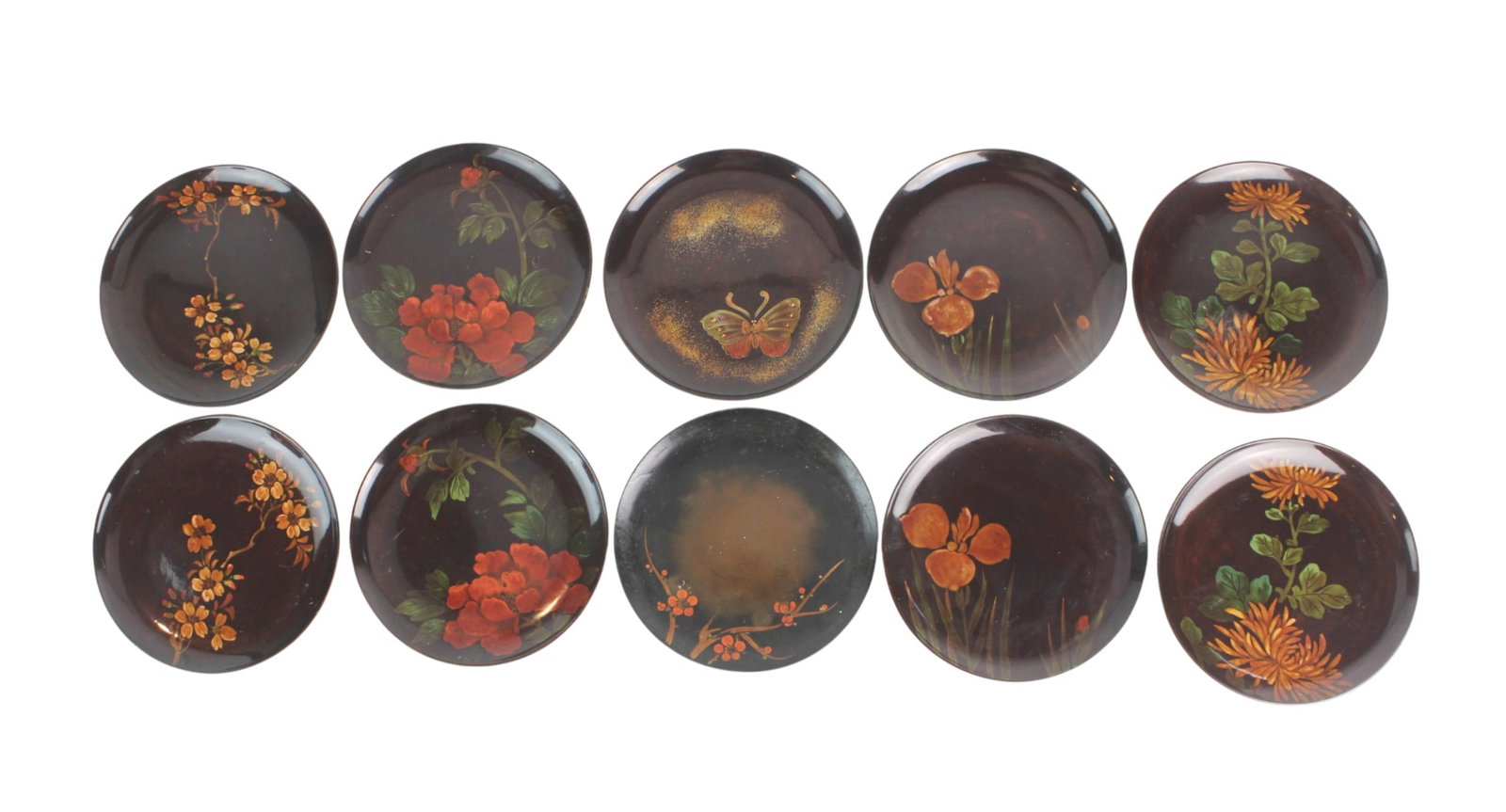 Set of Ten Japanese Lacquered Dishes: Set of ten Japanese lacquered dishes with floral and butterfly designs, showing minor wear and light age marks. Size: 6 1/2 in. (D).