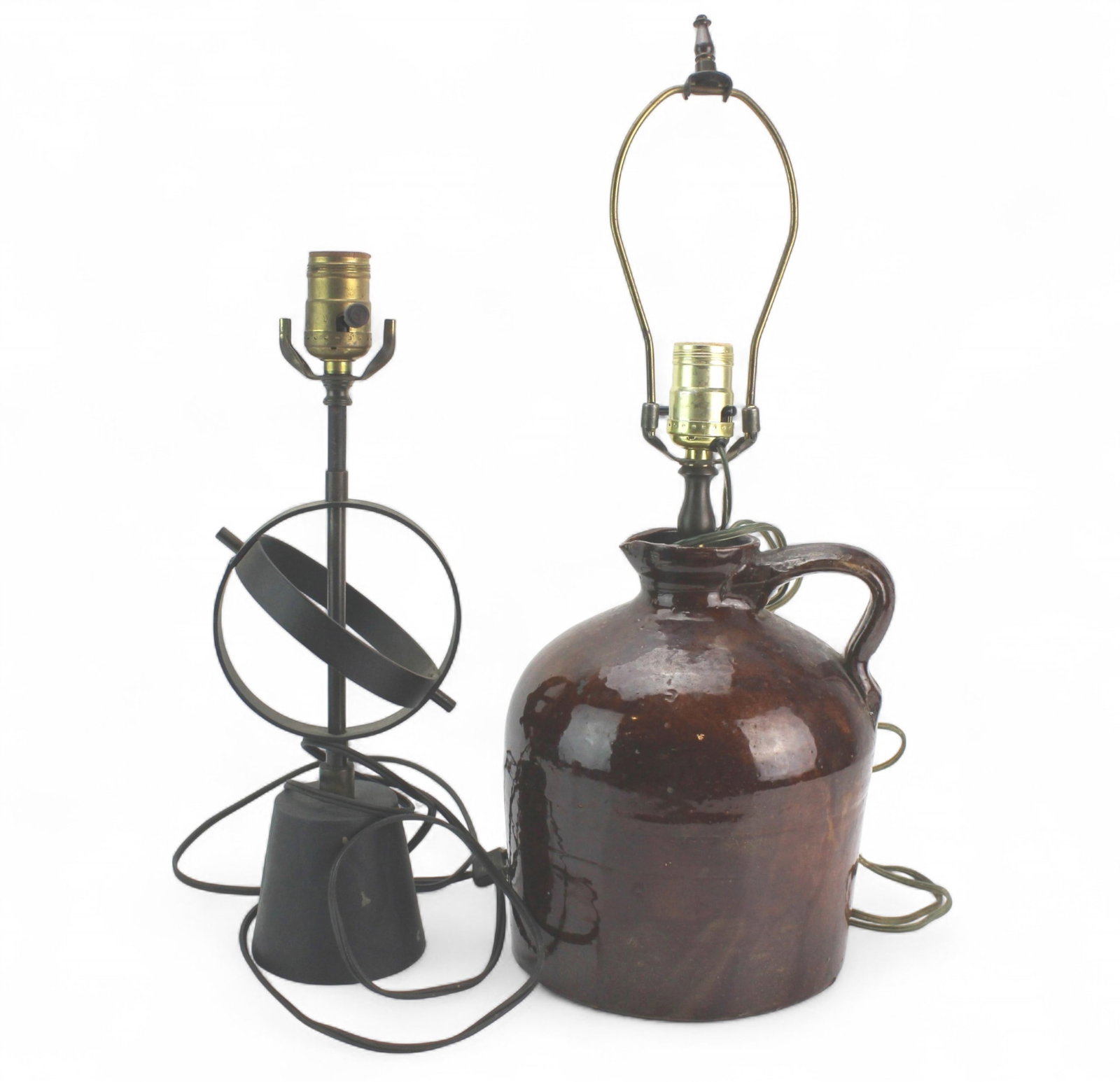 Two Stoneware and Metal Table Lamps: Pair of vintage table lamps: brown glazed stoneware with chips and wear, and black metal armillary-style with minor scuffs. Both untested. Stoneware 20 in. (H), metal 15 in. (H).