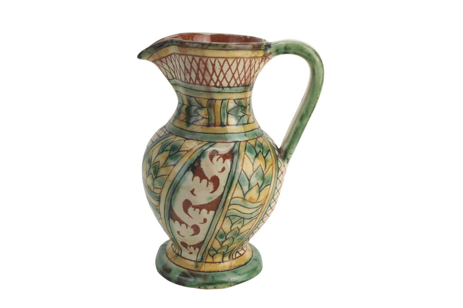 Chinese Polychrome Porcelain Pitcher: Chinese polychrome porcelain pitcher, 8 1/2 in. high, with floral and geometric decoration. Shows glaze wear, minor chips and losses to the foot rim, surface scratches, and firing imperfections; overa