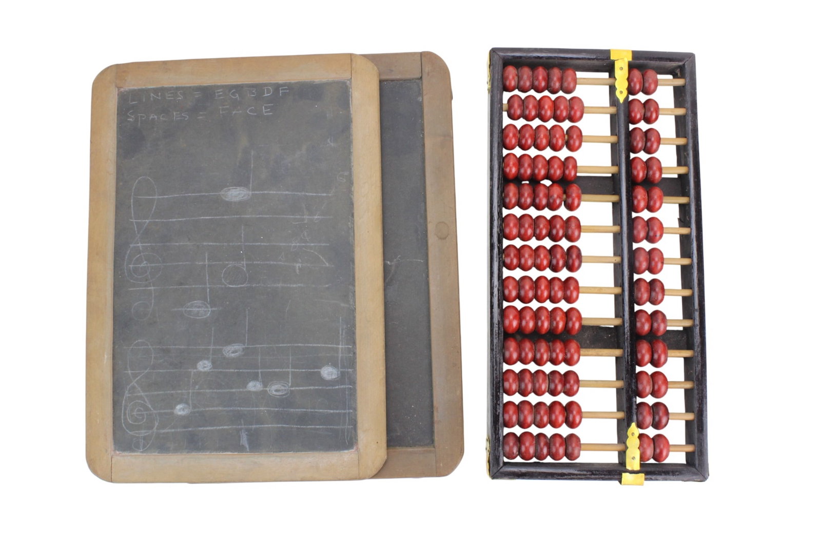 Two Slate Chalkboards & One Wooden Abacus: Group of three table items including two wooden-framed slate chalkboards and one wooden abacus labeled ?Lotus-Flower Brand.? Sizes: chalkboards 12 1/2 in. (L) ? 8 3/4 in. (W) and abacus 12 1/2 in. (L)