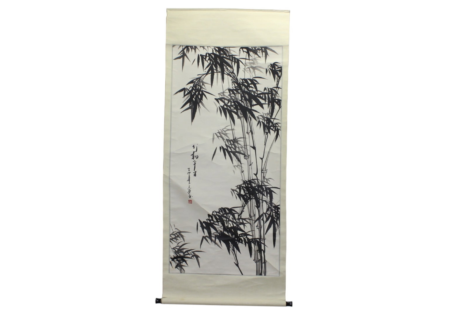 Chinese Ink Bamboo Painting Scroll: Chinese watercolor scroll depicting bamboo in expressive ink brushwork with calligraphy and red seal. Painting size: 24 ? 50 1/2 in.; overall scroll size: 27 1/2 ? 66 in. Condition shows age-related