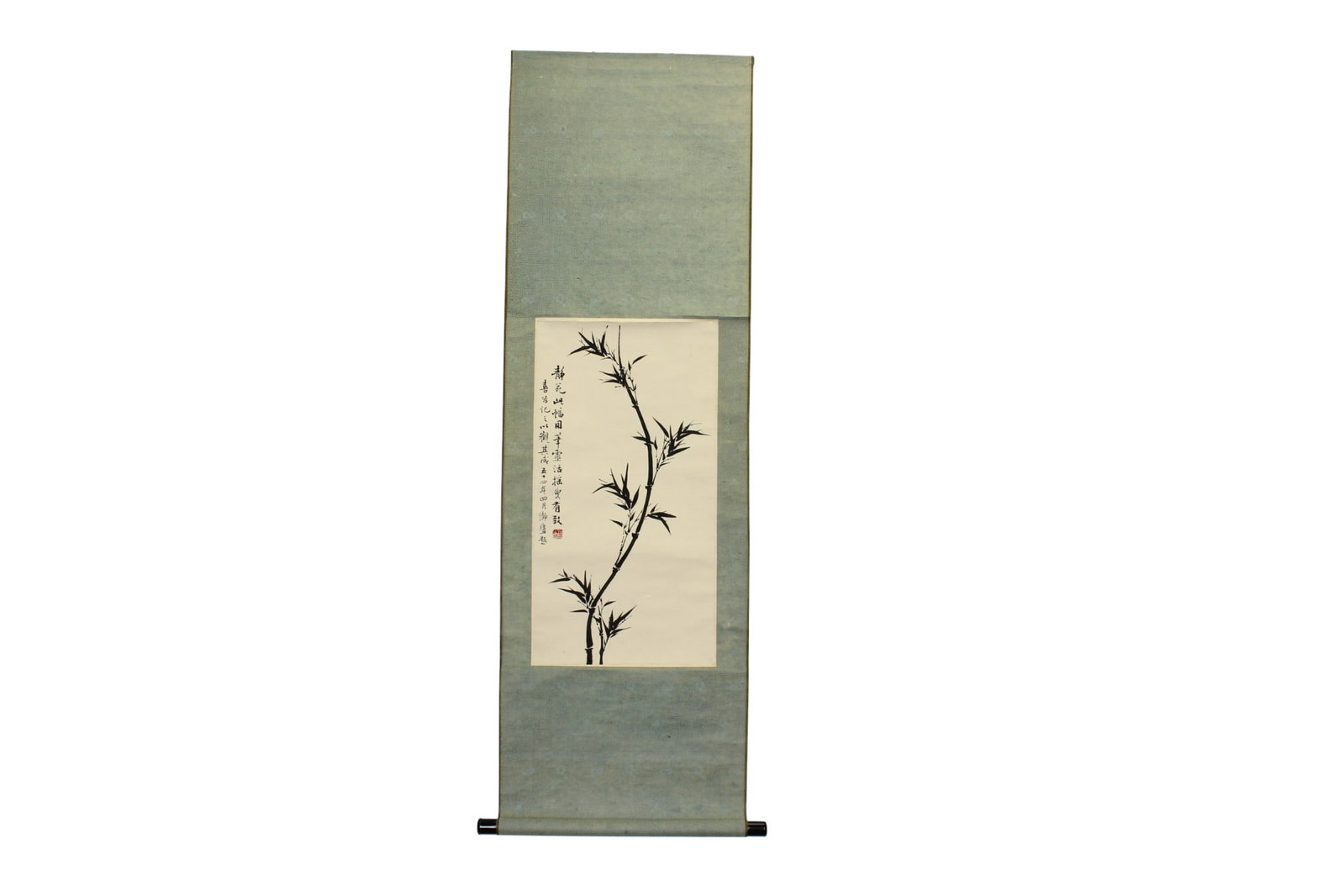 Chinese Ink Bamboo Scroll: Ink bamboo painting with calligraphy and seal. Painting: 11 3/4 ? 22 1/2 in.; scroll: 16 ? 51 in. Condition shows toning, light stains, creases, and mounting wear.