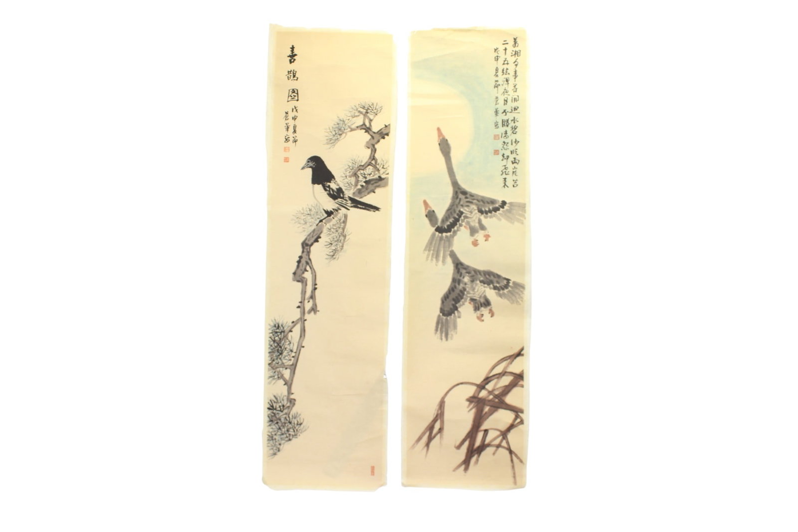 Pair of Chinese Bird & Landscape Painting Scrolls: Two Chinese watercolor scroll paintings depicting birds, trees, and landscape scenes with calligraphy inscriptions and red seals. Each measures approximately 13 ? 51 in. Condition shows age-related