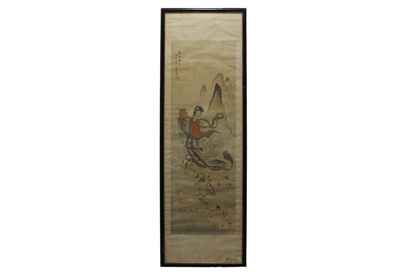 Framed Chinese Silk Painting, Immortal Figure: Framed Chinese silk painting depicting an immortal female figure in flowing robes with landscape elements and calligraphy, in the manner of Gai Qi (1773?1828). Painting measures 12 X 37 in.; Glass fra