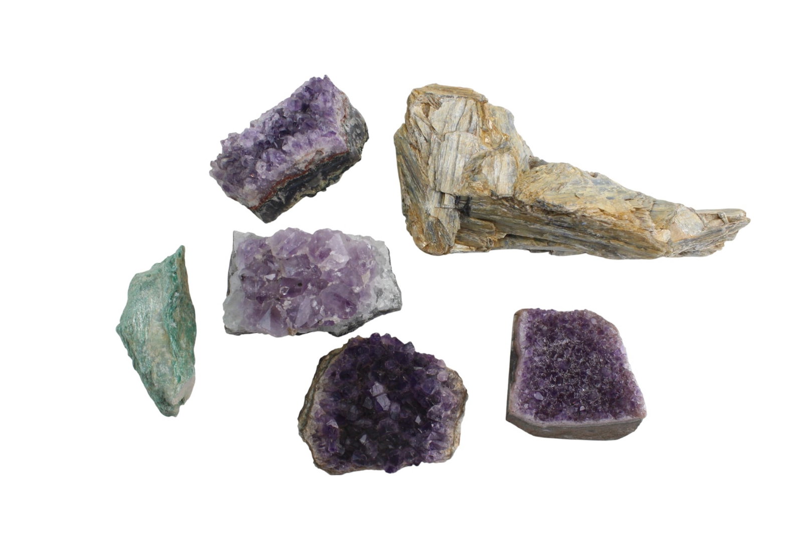 Group of Natural Mineral Specimens: Group of six raw mineral specimens, including amethyst crystal clusters, fuchsite, and kyanite. Overall good condition with typical rough edges, minor chips, and natural inclusions. The largest specim