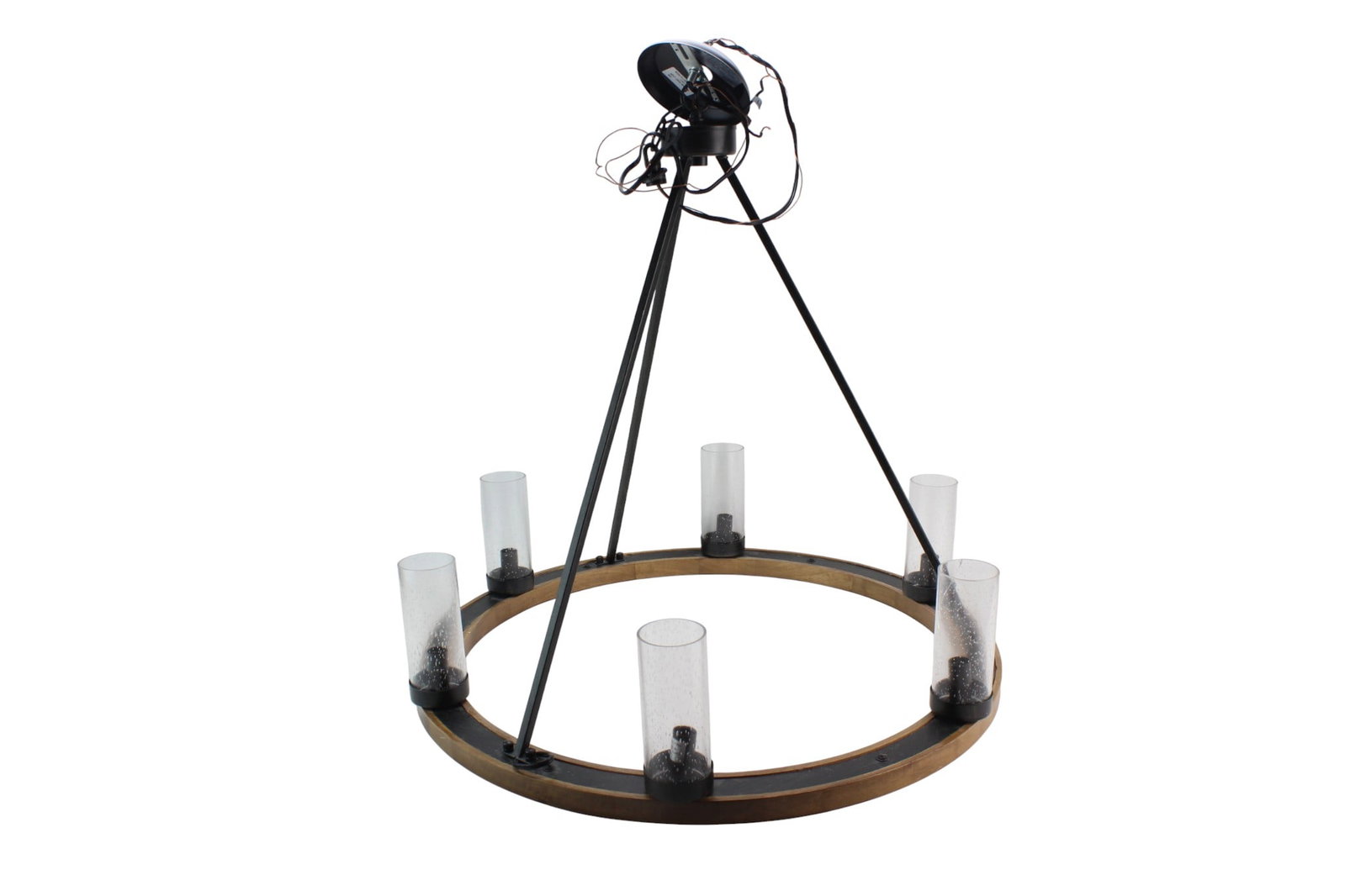 Wood & Metal Bubble Glass Chandelier: Natural wood and antique black metal chandelier with six bubble glass shades, 24 in. (H) X 26 in. (D). Fair overall condition with minor wear; one glass shade has a crack. Wiring present. Not tested.