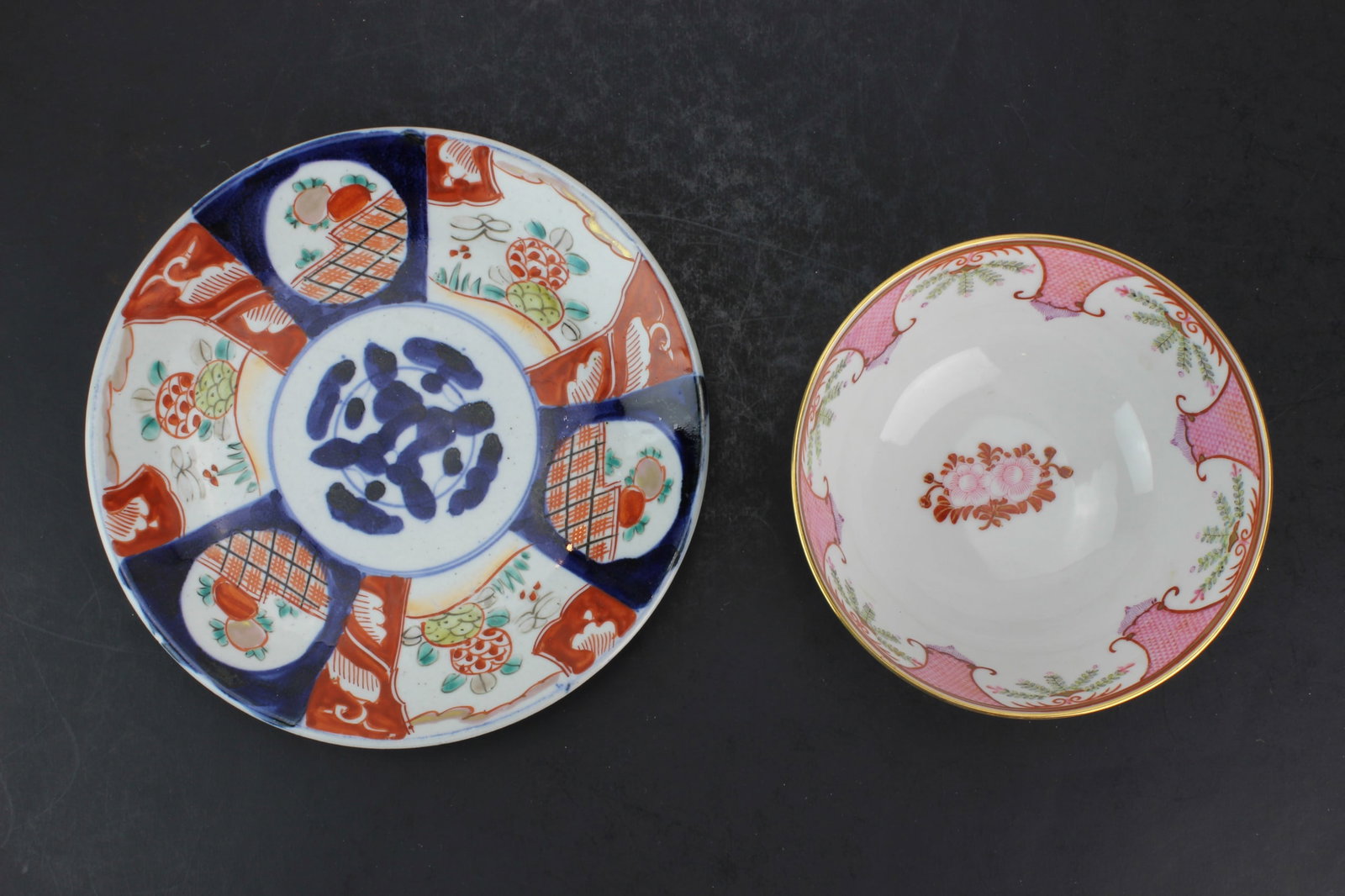 Chinese Export Bowl & Imari Porcelain Plate: Two porcelain items: a Chinese export bowl (6 in. D ? 2 3/4 in. H) and an Imari plate (8 1/2 in. D), in overall good condition with minor wear, glaze imperfections, and light scratches consistent with