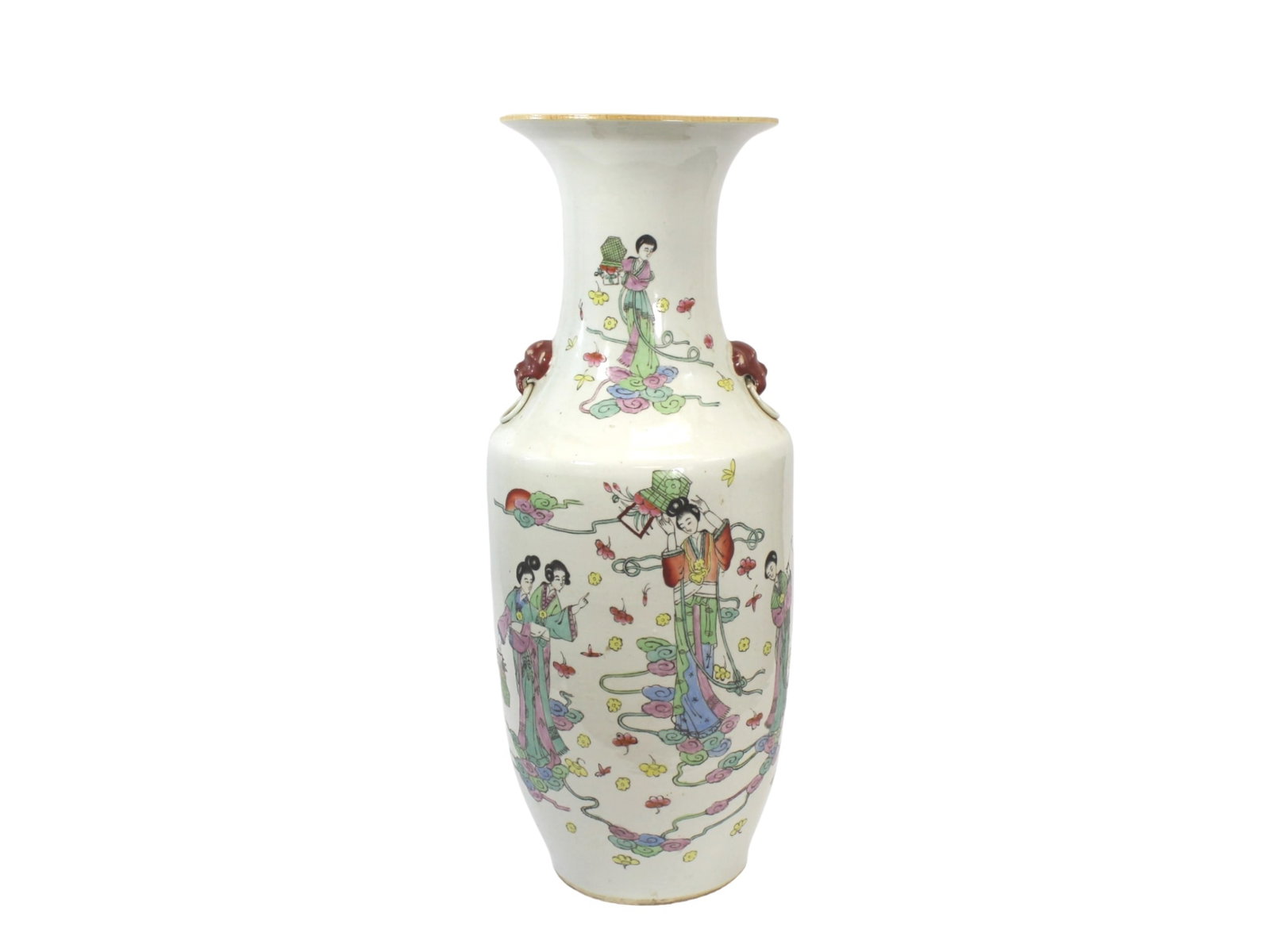 Famille Rose Vase with Ladies and Calligraphy: Tall Chinese famille rose vase with ladies, floral motifs, and calligraphy on reverse. Red animal head handles. Minor wear. Approx. 23 in. (H).