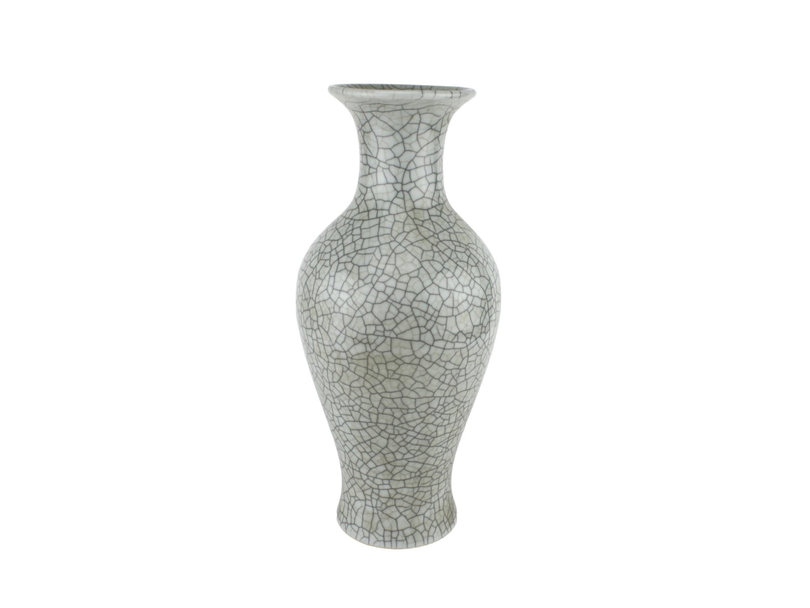A Chinese Ge-Type Crackle Porcelain Vase: A larger Chinese porcelain vase with an elegant baluster form and an overall crackle glaze in grey and black tones. The vase features a flared rim, long neck, and rounded body, all covered in a fine