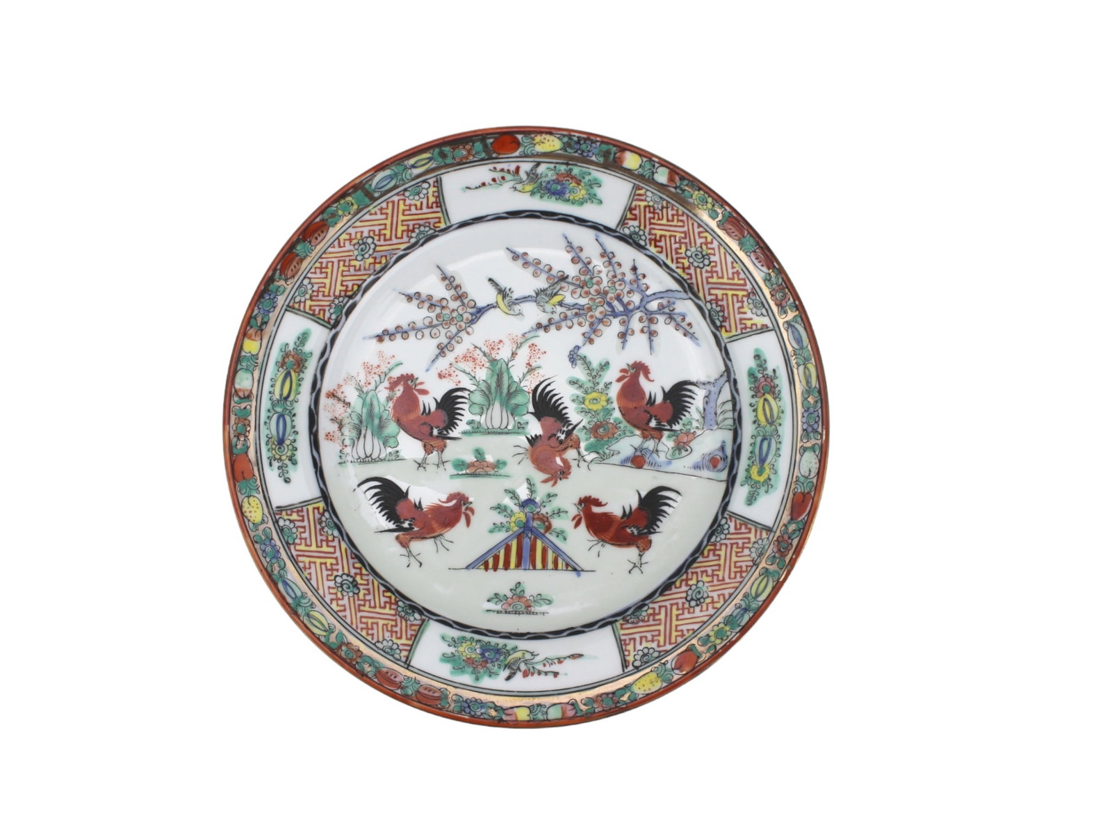 A Chinese Famille Rose Rooster Plate: A Chinese famille rose porcelain plate decorated with colorful roosters, flowers, and rocks in the central scene. The wide border features alternating panels of floral motifs and auspicious symbols in