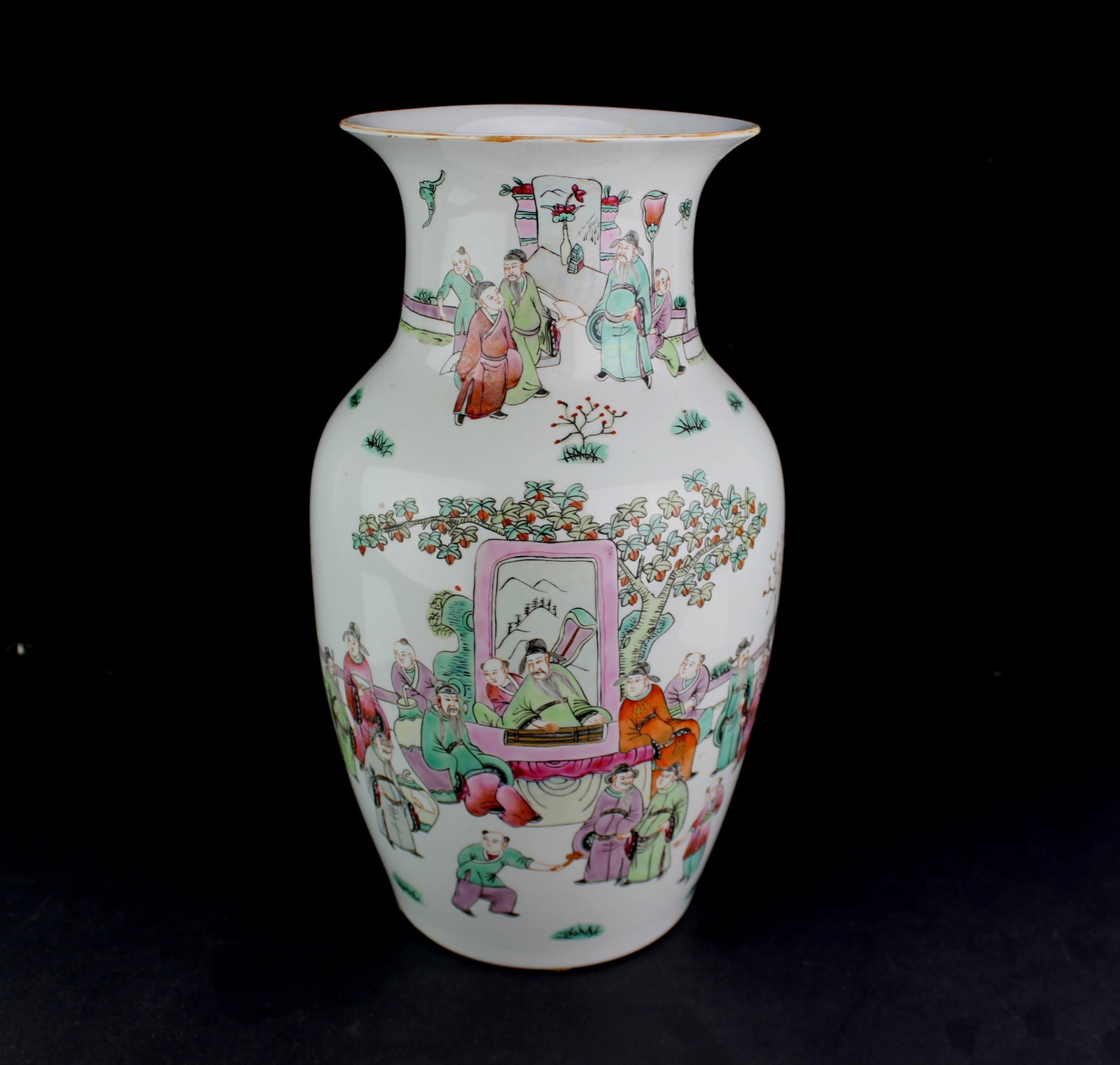 Chinese Famille Rose Vase with Courtly Scene: A porcelain vase decorated in the famille rose palette, depicting a continuous garden court scene with scholars, officials, and attendants in soft pink, green, and purple enamels. The vase features a