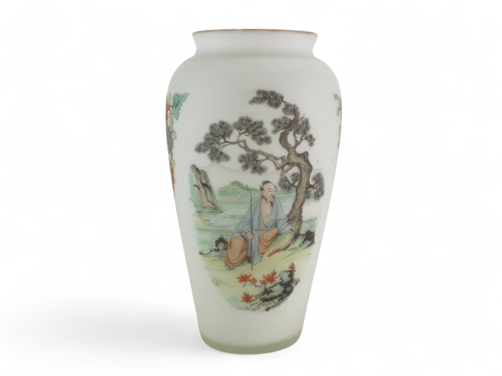 Chinese Enameled Overlay Glass Flower Vase: A translucent glass vase decorated with a hand-painted scene of a scholar under a pine tree in a landscape setting. The reverse features a floral motif. Delicately rendered in soft pastel enamels, lik