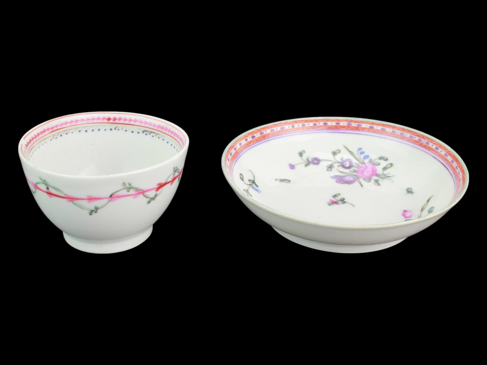 Chinese Export Famille Rose Tea Bowl and Saucer: An 18th-century Chinese export porcelain tea bowl and saucer from the Qianlong period, hand-painted with floral motifs and decorative borders in famille rose enamels. The bowl features a ribbon and vi