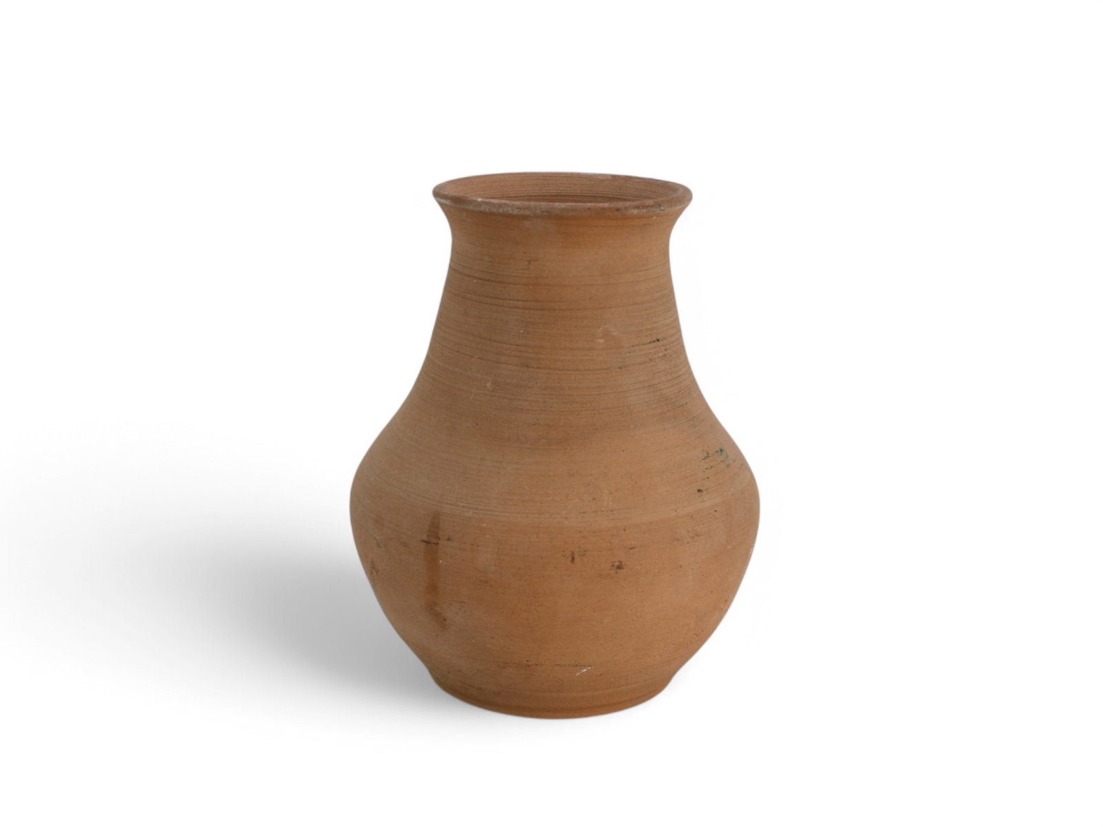A Chinese Unglazed Terracotta Water Vessel: A handcrafted terracotta vessel with a flared mouth and bulbous body, showcasing simple wheel-thrown lines. The reddish-brown clay surface remains unglazed, giving it a natural matte texture. It