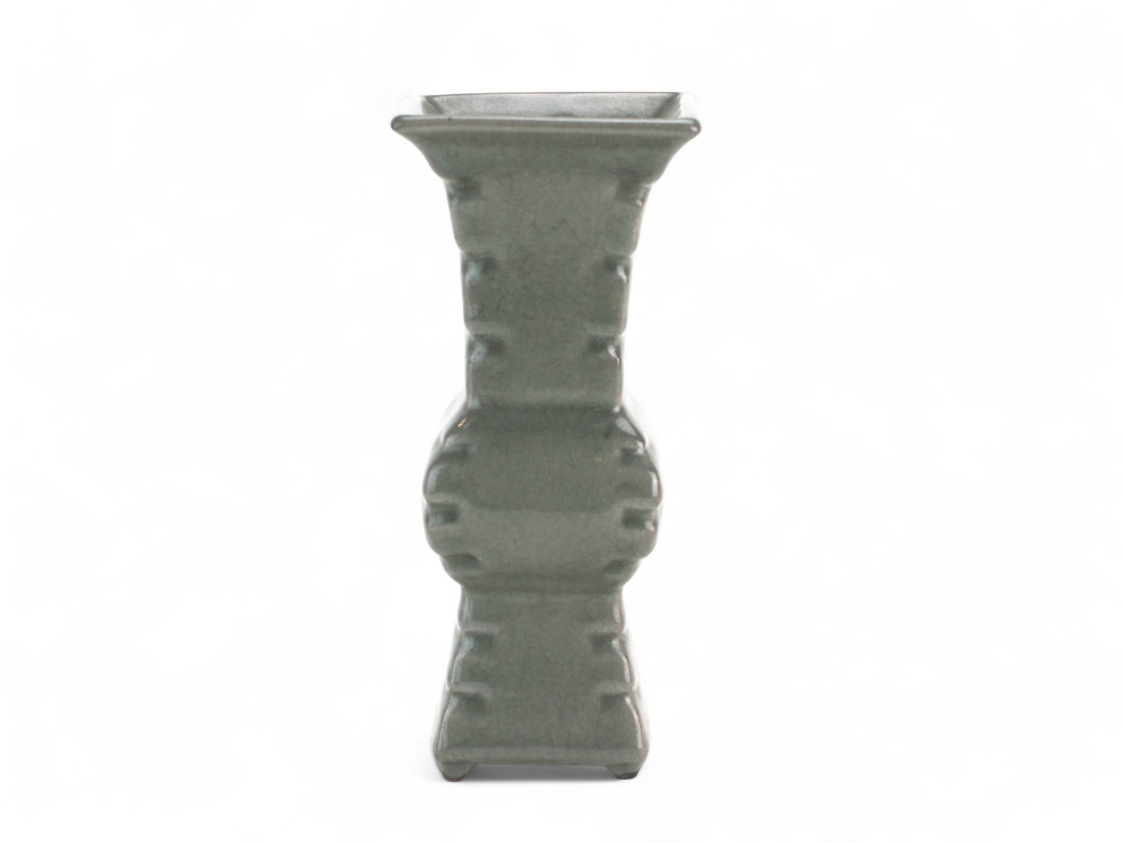 Chinese Ge-Style Celadon Glazed Cong Vase: Chinese celadon-glazed cong-form vase with raised bands, notched corners, and fine Ge-type crackle. Supported on four small feet with burnt tips. Approx. 8 3/4 in. H x 4 in. L x 4 in. W. Very good