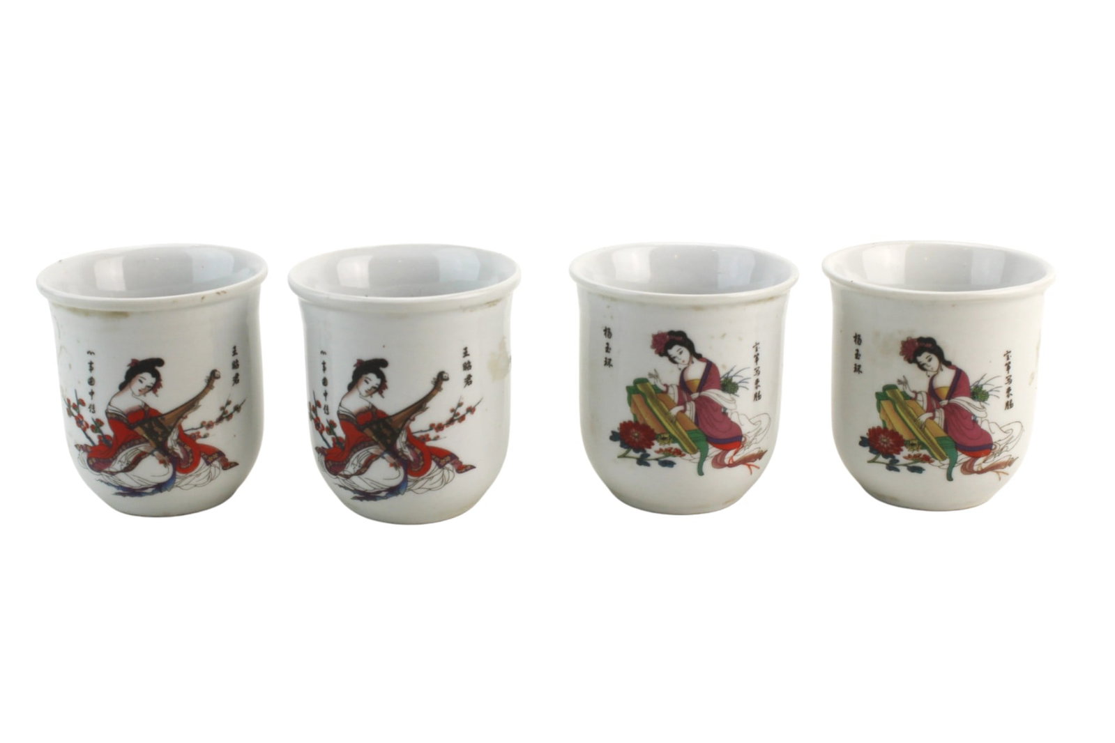 Set of Four Chinese Pottery Figural Tea Cups: Set of four Chinese pottery figural cups with calligraphy, measuring 2 3/4 in. (H) ? 2 1/2 in. (D). White-glazed with colorful decoration. Overall good vintage condition with light wear, minor