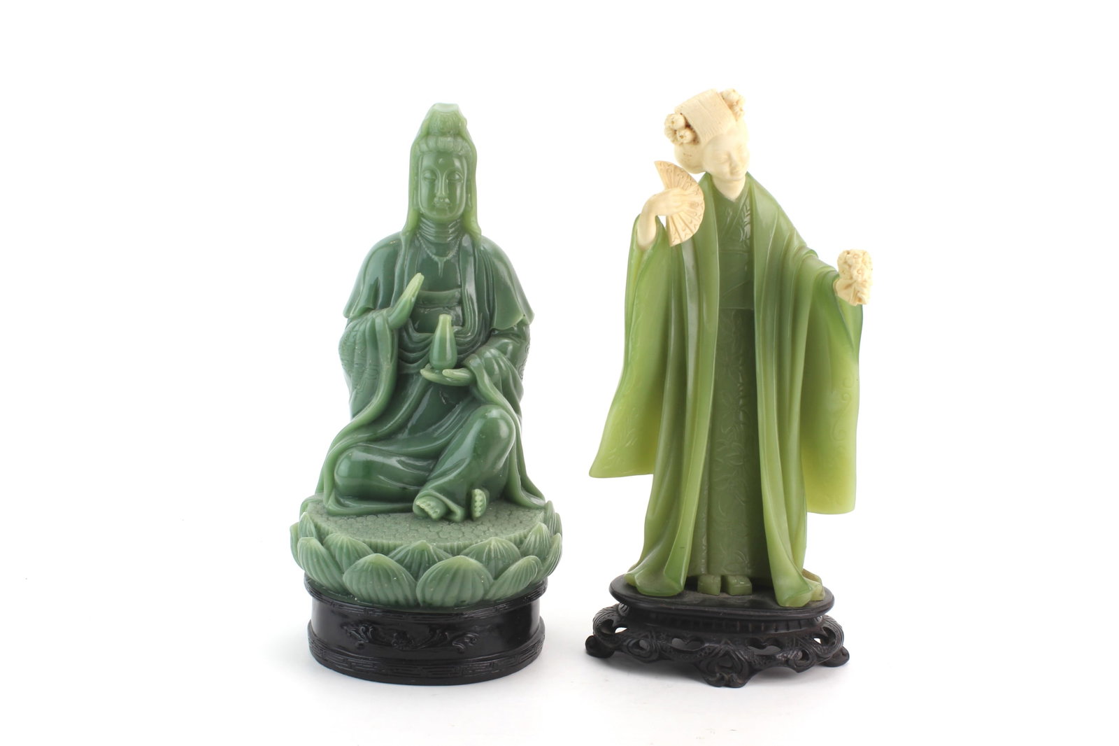 Pair Green Resin Figurines: A pair of green resin figurines depicting an elegant lady and a seated Guanyin figure, each finely modeled with flowing robes and detailed features, with carved bases. Approx. size: 11 in. (H) each. O
