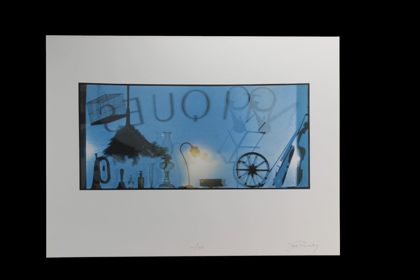 Jack Radetsky Signed 11/150 Limited Ed Lithograph: A signed limited edition lithograph titled ?Antiques Duplicate? by Jack Radetsky (b. 1948), featuring a surreal still-life composition with silhouetted objects and abstract forms in cool blue tones.