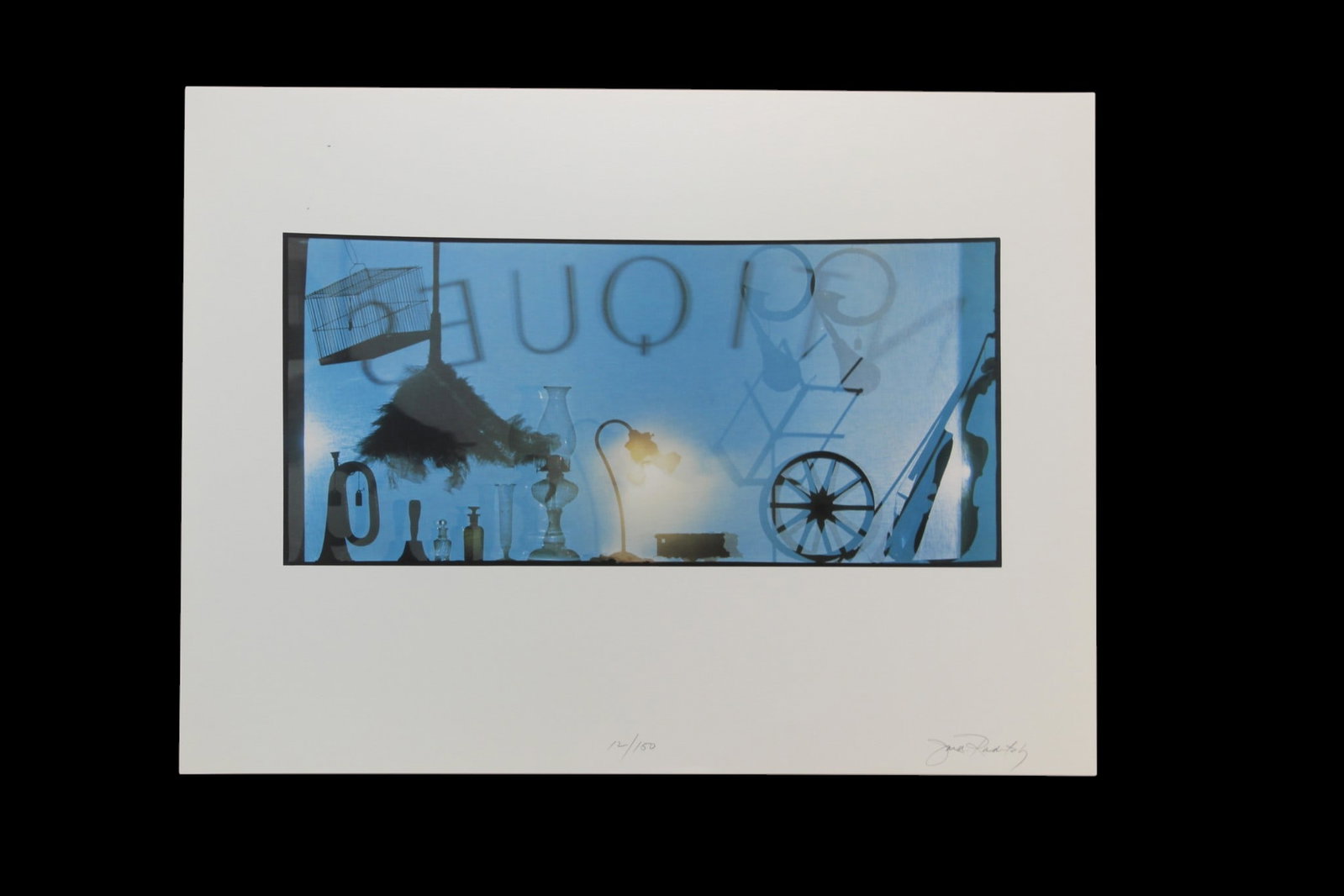 Jack Radetsky Signed 12/150 Limited Ed Lithograph: A signed limited edition lithograph titled ?Antiques Duplicate? by Jack Radetsky (b. 1948), featuring a surreal still-life composition with silhouetted objects and abstract forms in cool blue tones.