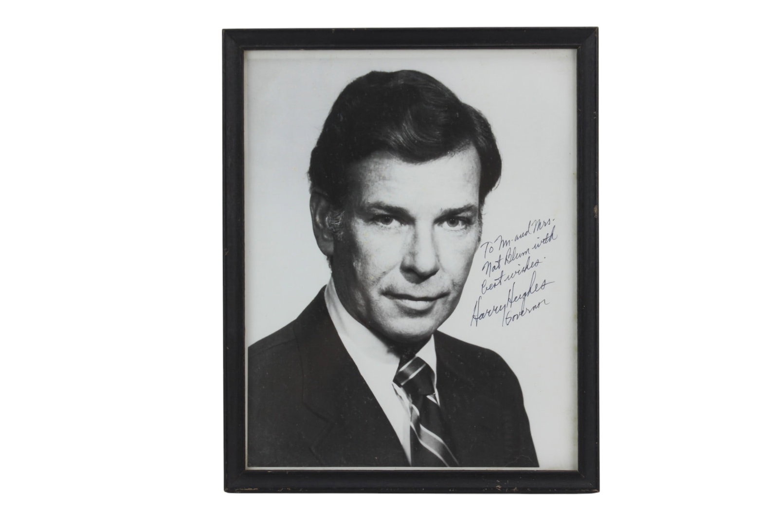 Signed 57th Governor of MD Harry Hughes Photograph: Black-and-white photograph of Harry Roe Hughes (November 13, 1926 ? March 13, 2019), who was the 57th Governor of Maryland from 1979 to 1987. Signed with inscription at right side. Presented in a