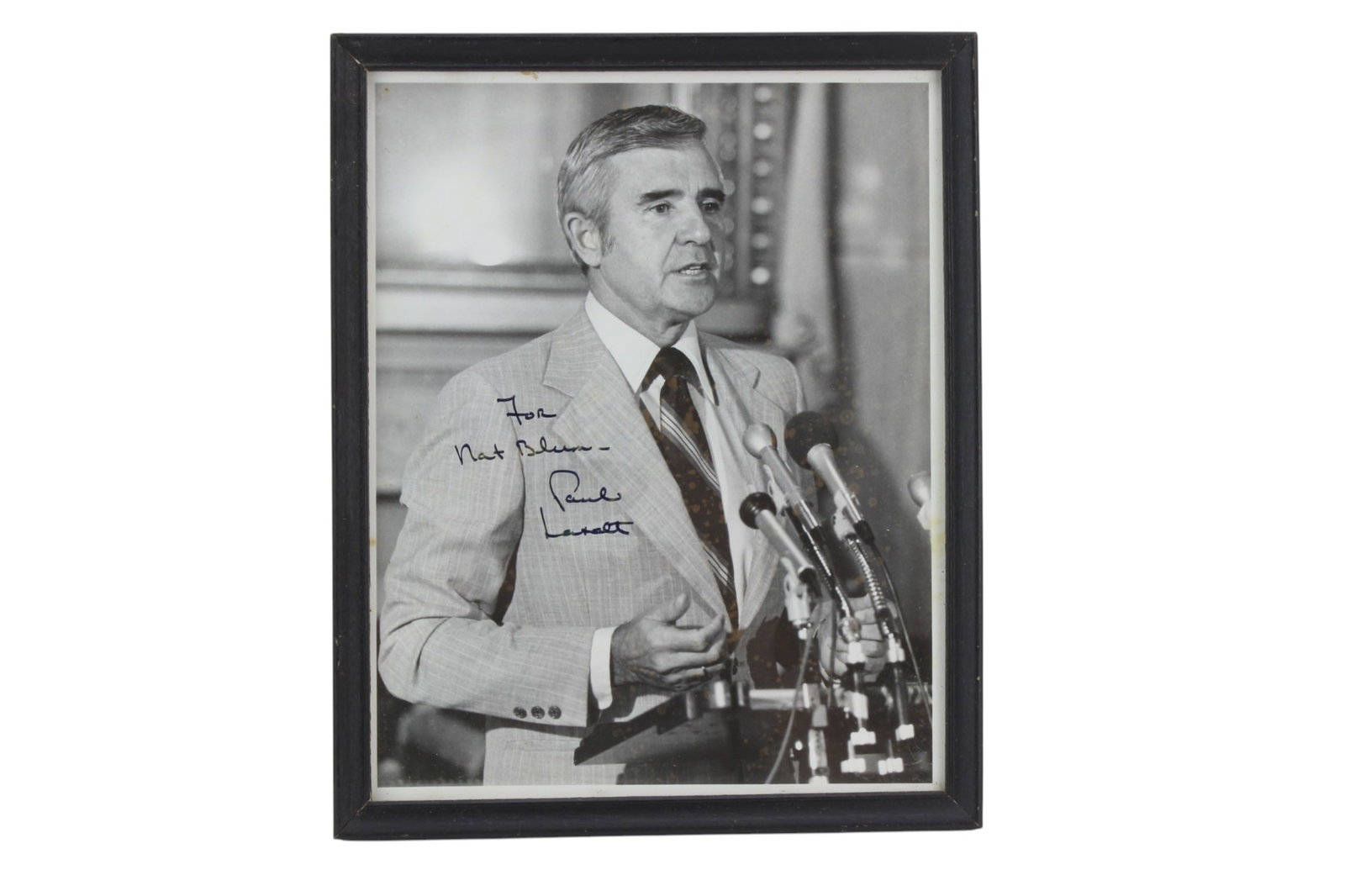 Signed Politician Paul Laxalt Photo: Black-and-white photograph of Paul Dominique Laxalt (1922-2018), who was 22nd Nevada Governor (1967-1971) and U. S. Senator (1974-1987), inscribed and signed. Photo size: 8 X 10 in. Displayed in a