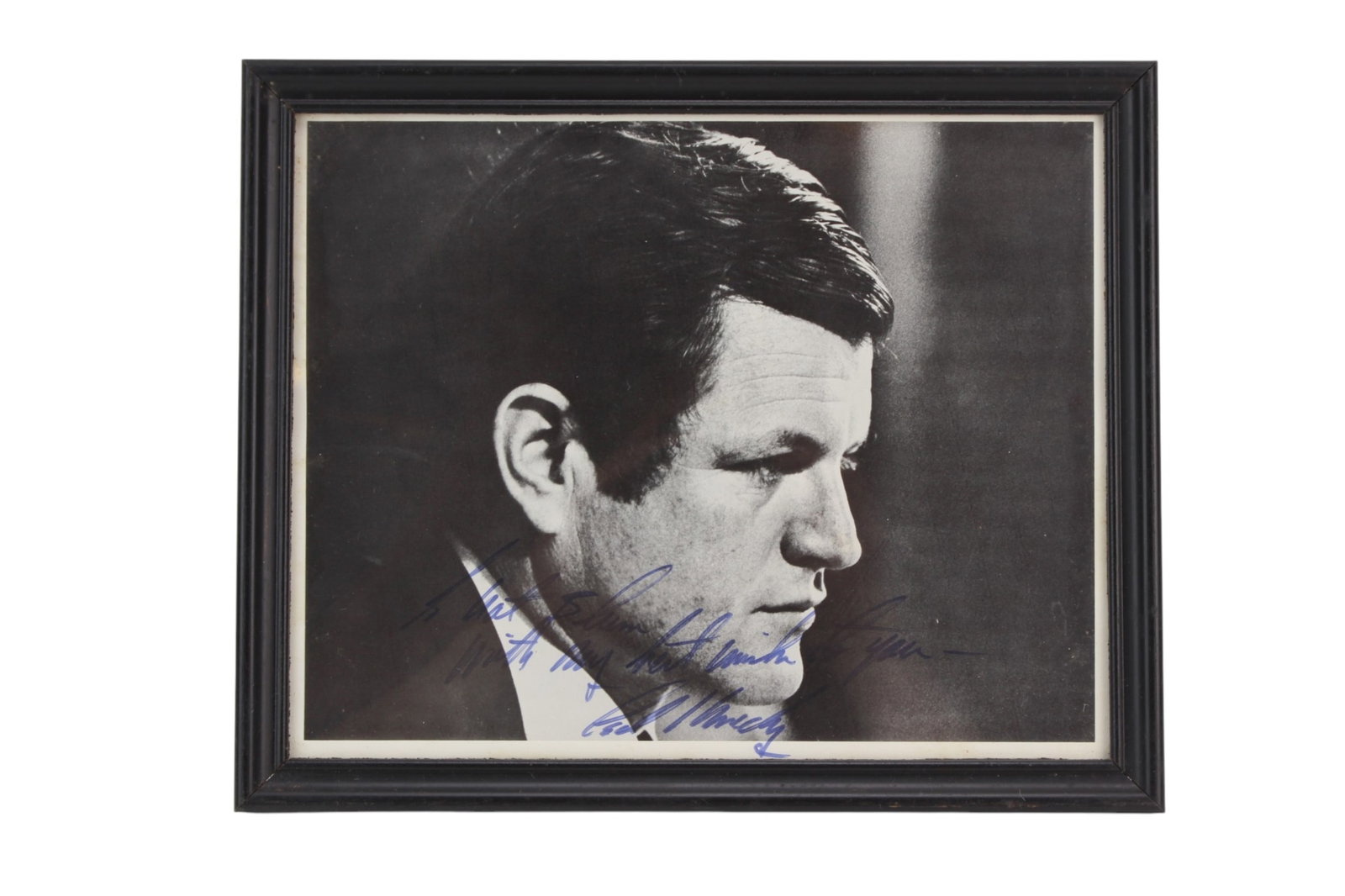 Signed Edward Kennedy Photo: Black-and-white profile photograph of Edward ?Ted? Kennedy (1932-2009), who was an American lawyer and politician who represented Massachusetts in the United States Senate from 1962 until his death