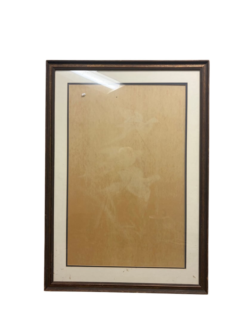 Large Wood Picture Frame: Large wood picture frame with glass and cream mat. Measures approximately 33 in. (W) ? 47 in. (H). Condition: light wear, minor scratches and scuffs to the frame, mat shows age-related discoloration a