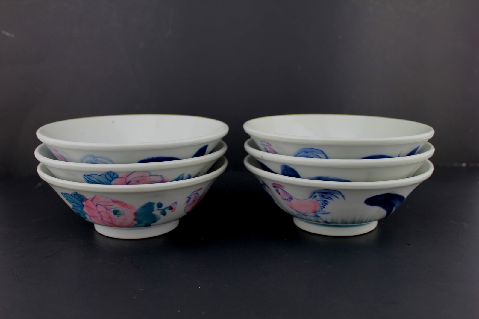 SIX PIER 1 IMPORTS FAMILLE ROSE BOWLS: Each bowl measures Approx. 6 3/4 in. D X 2 1/2 in. H. One bowl with chips on rim.