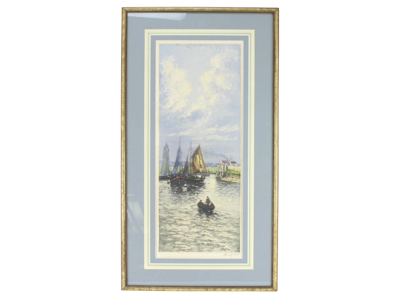 A. Lafitte, Harbor Scenes, Color Etching: Alphonse Lafitte (1872-1936). "Fishing Boats off the Normandy Coast" . Framed etching in color, original artist's Proof. Signed lr. Numbered 209 ll. 7 1/2 X 19 1/4 in. (painting), 14 1/2 X 26 1/2 in.