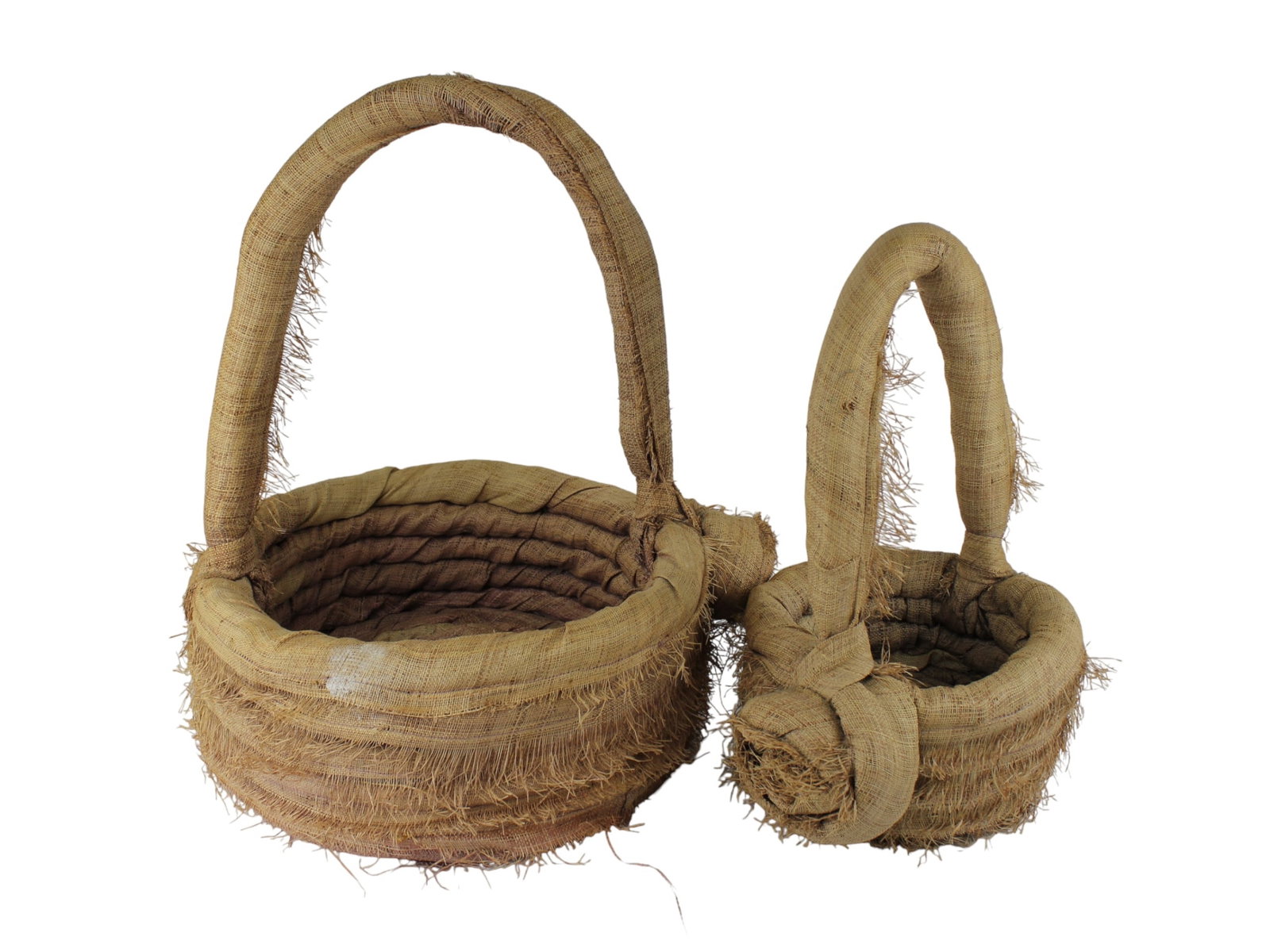 Pair of Vintage Burlap-Wrapped Baskets: A set of two hand-crafted coiled baskets wrapped in burlap, featuring sturdy handles and a rustic, textured finish. The large one measures 19 in. H X 16 in. D; the small one measures 16 in. H X 9 in.