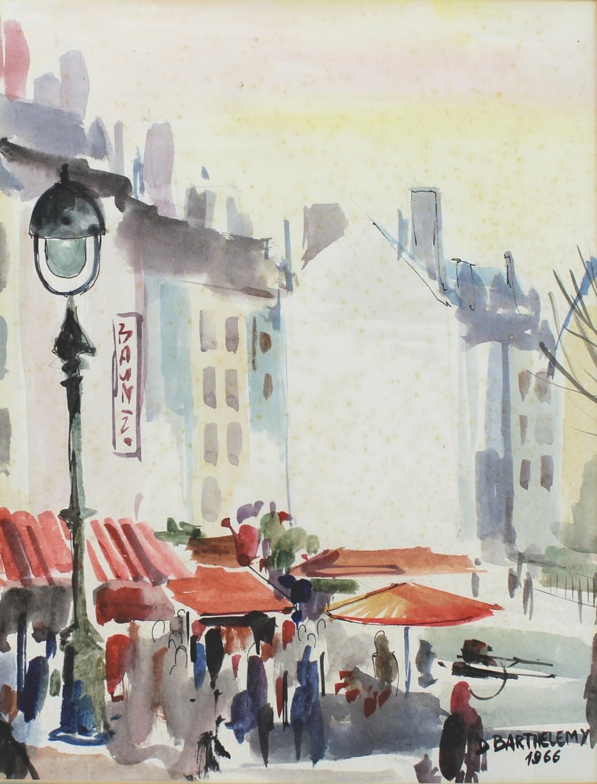 D. Barthelemy. Market On Street, W/C: Framed, signed and dated "D. Barthelemy, 1966". The image measures Approx. 11 X 14 in., and The frame measures Approx. 15 1/2 X 19 in.. Please see pictures for detailed conditions.