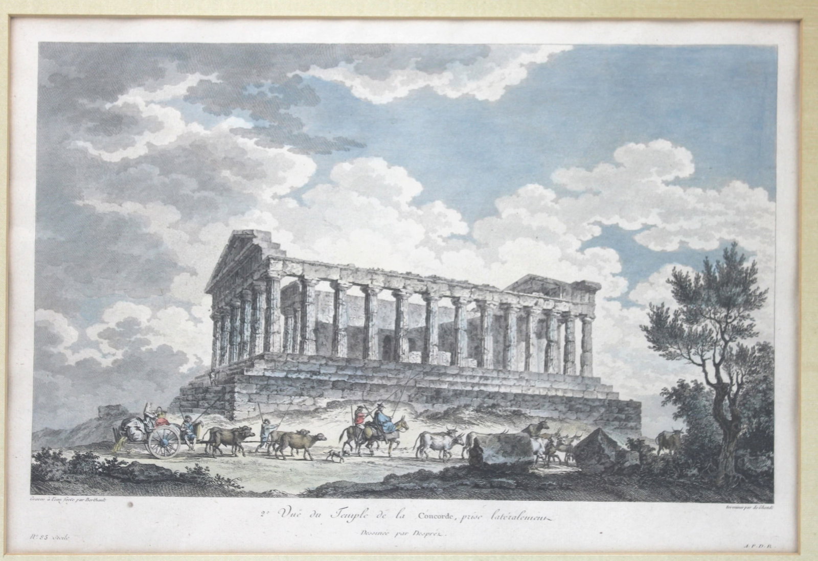 18th C Engraving, View of The Temple Of Concorde: Marked "Graoee a leau forte par Berthault. 2o Vue Du Temple De La Concorde, prise lateraleuceur. Dessinee par Des Prez. Termiee par de ghendt. A. P. D.R.". Framed. The image size: 8 X 13 in., the