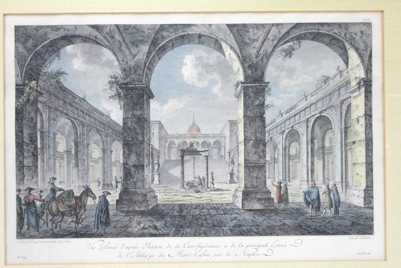 18th C Engraving, View of Abbey at Monte Casino: Hand-colored architectural engraving titled "Vue dessin?e d?apr?s Nature, de la Cour sup?rieure et de la principale Entr?e de l?Abbaye du Mont Cassin pr?s de Naples", depicting the upper courtyard