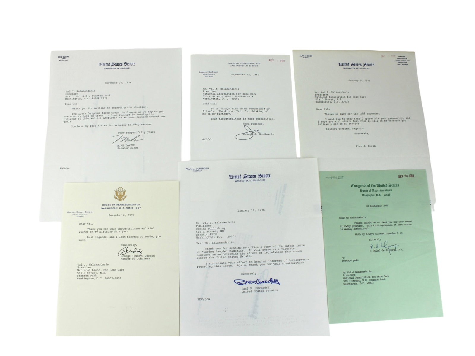 Six Autographs from Congressmen and Senators: A collection of six signed letters from U.S. Senators and Representatives expressing appreciation to Val J. Halamandaris for his birthday greetings, gifts, and publications. The letters reflect