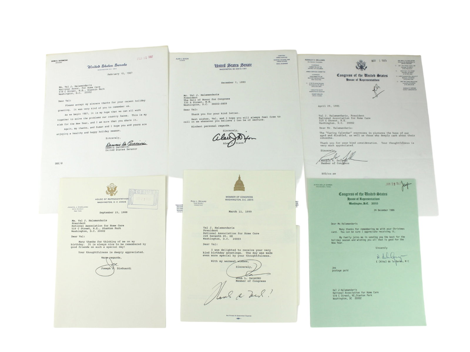Six Autographs from Congressmen and Senators: This set includes original, signed correspondence from various prominent U.S. Senators and Members of Congress addressed to Val J. Halamandaris. The letters express appreciation for gifts, birthday